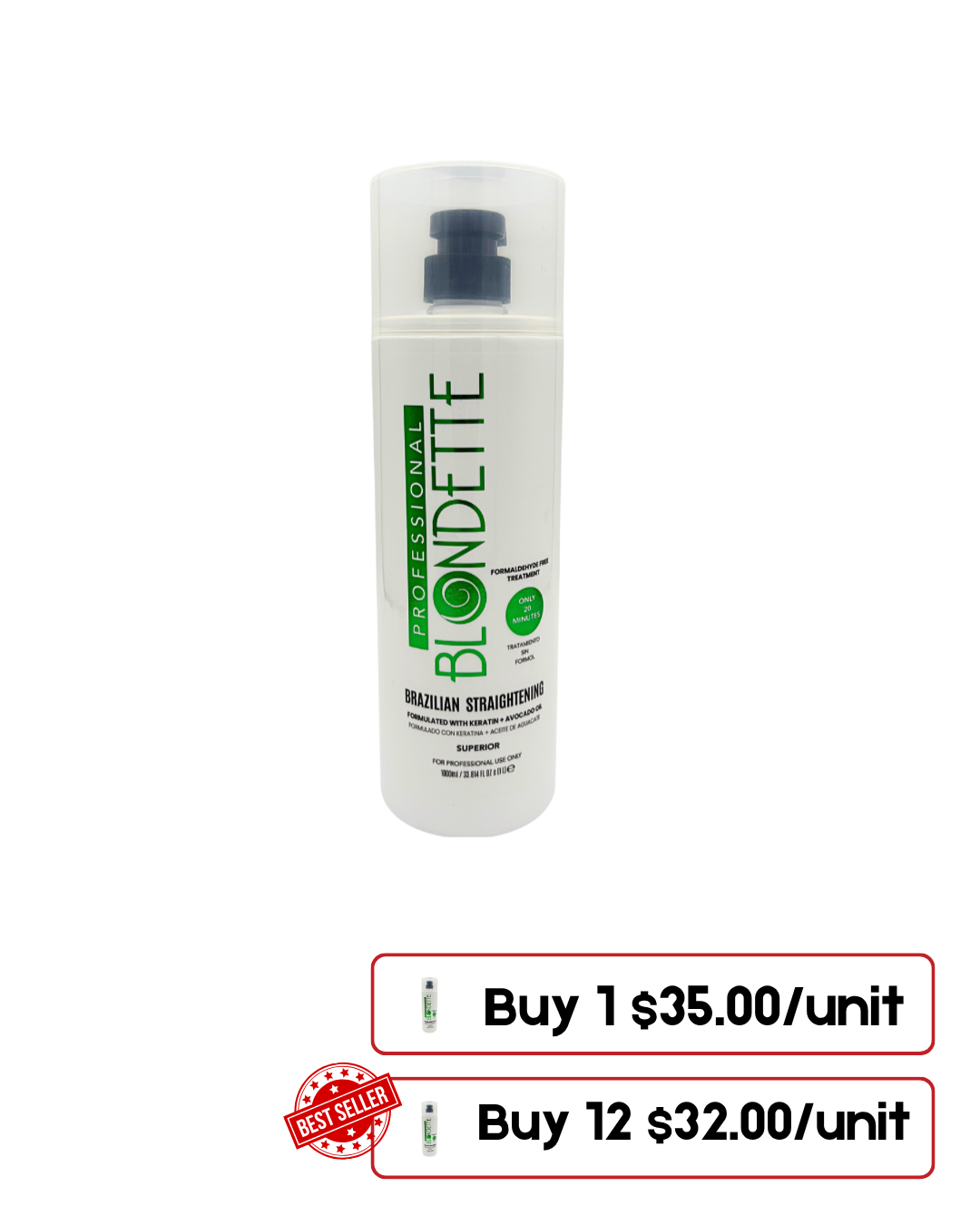 Blondette Brazilian Keratin Hair Smoothing Treatment Blowout Straightening System - Strong 32 fl oz (Formaldehyde FREE)