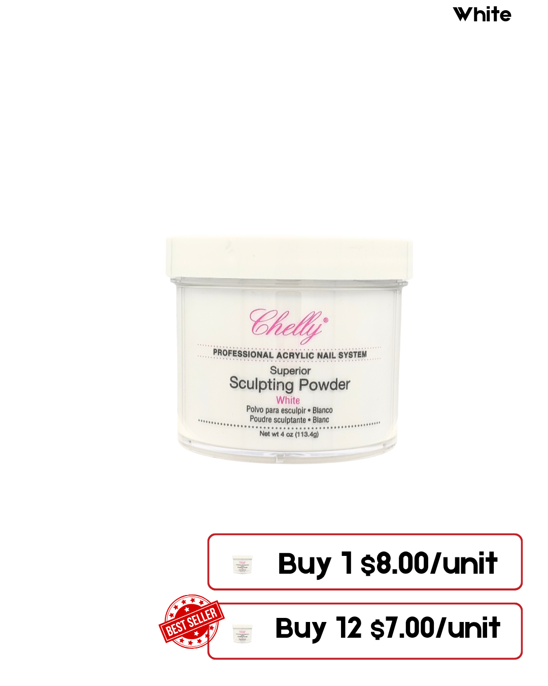 Chelly Acrylic Powder – 4 Oz | White, Blush Pink Sheer, Clear Sheer, Medium Pink Sheer