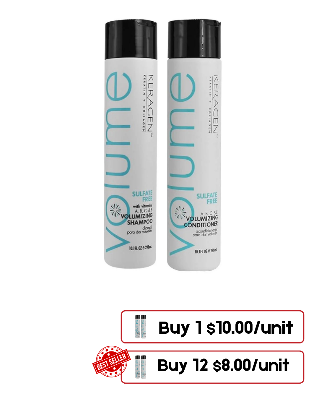 Keragen Volumizing Shampoo & Hydrating Conditioner Combo – Fine Hair – 10 Oz Each