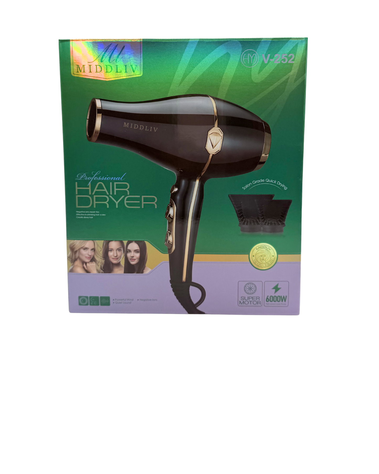 Professional Hair Dryer with Dual Nozzles – Open Air Diffuser & Concentrator Included