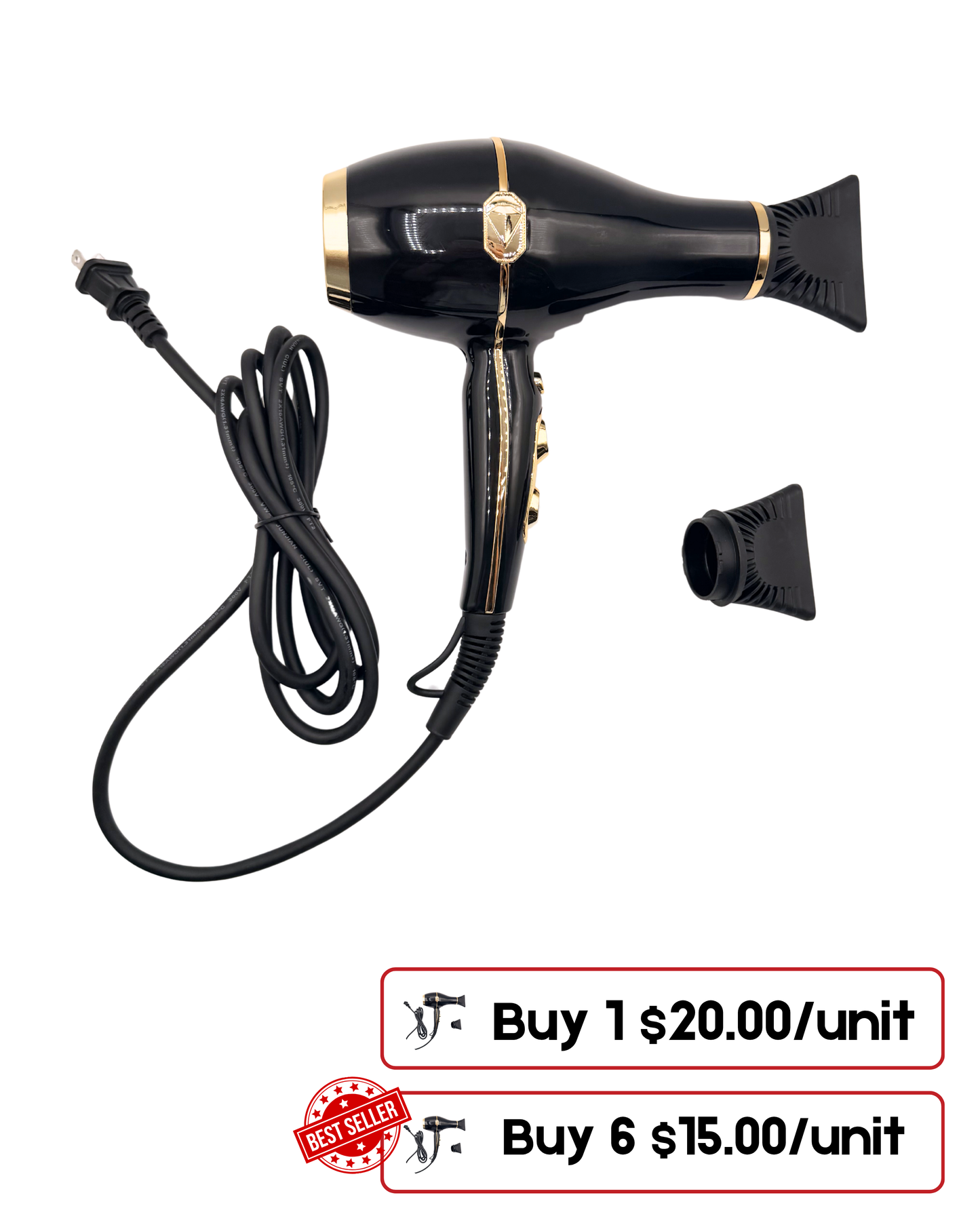 Professional Hair Dryer with Dual Nozzles – Open Air Diffuser & Concentrator Included