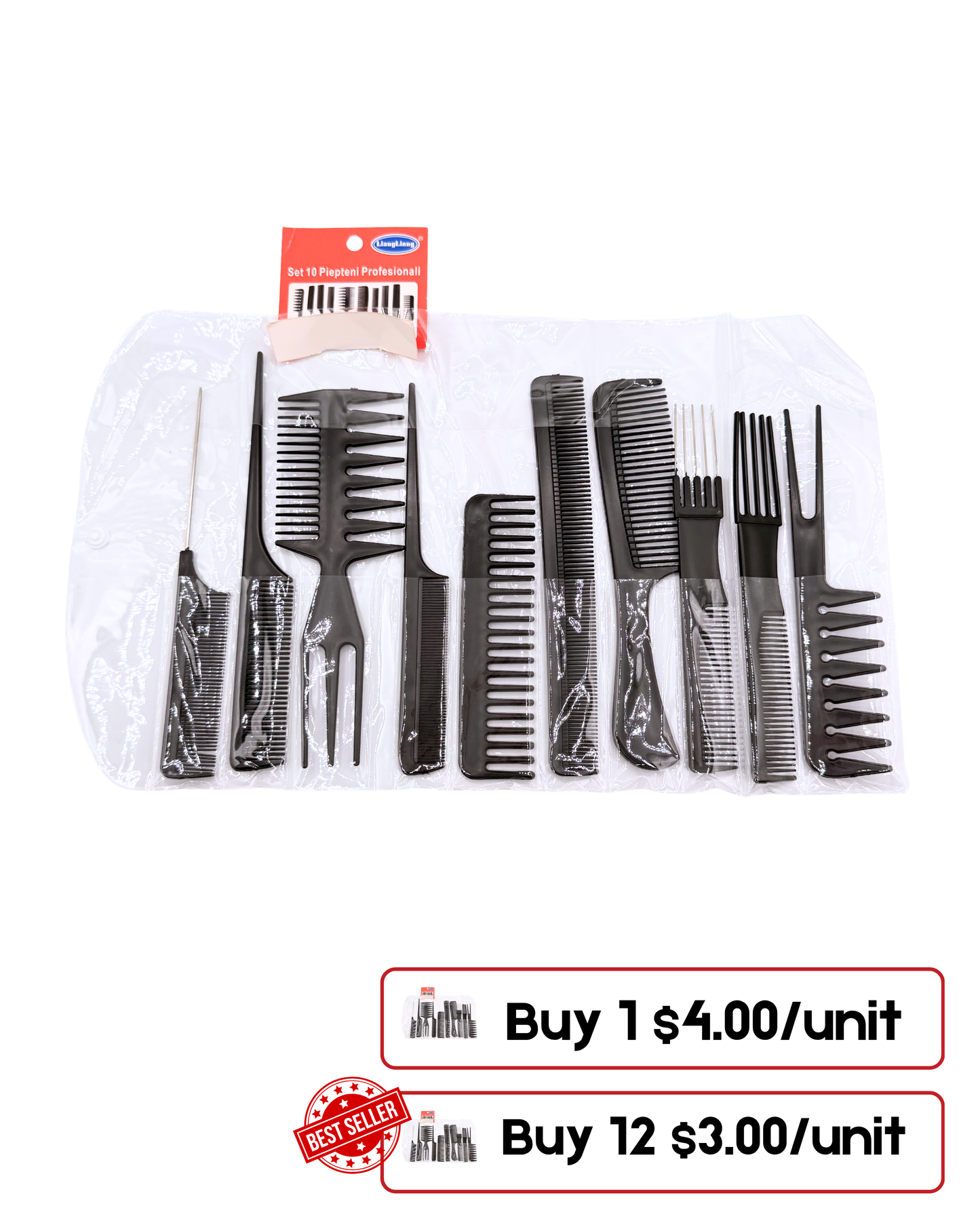 Professional Stylist Comb Set – 10 Black Combs for Salon & Barber Use