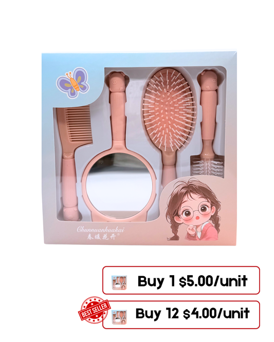 Kids Hair Styling Set – 5-Piece Salon Kit with Mirror, Comb & Brushes (Colorful Design)